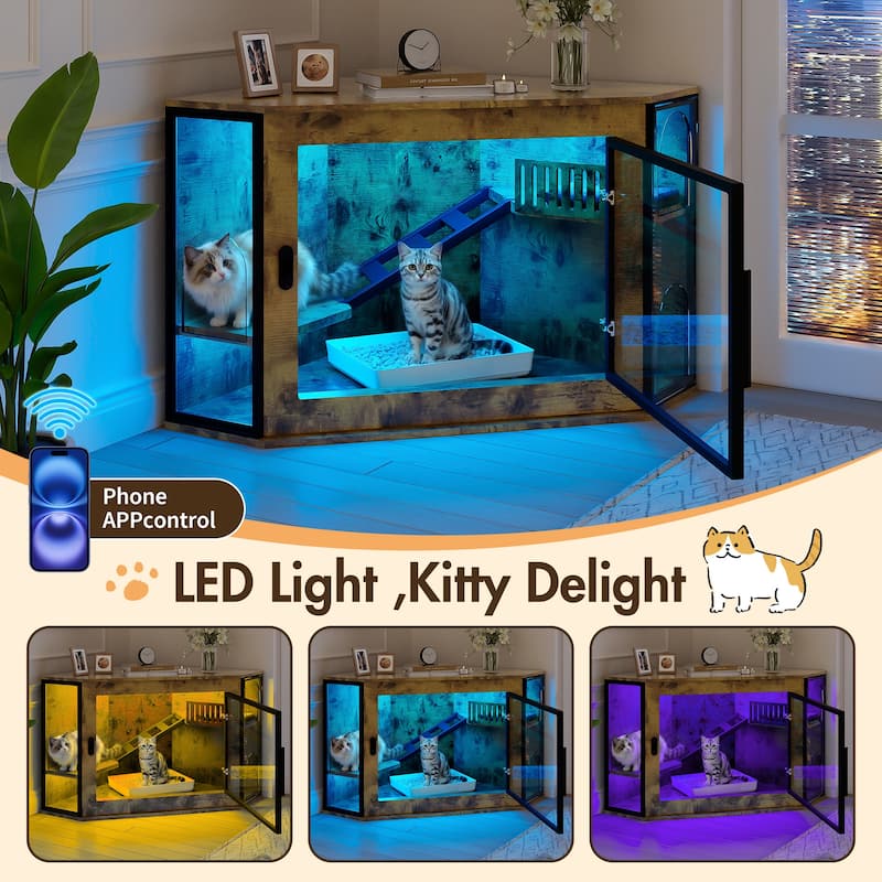 48" Corner Cat Litter Box Enclosure, Modern Hidden Litter Box Corner Cabinet with Acrylic Door and LED Light