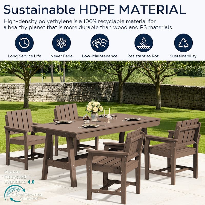 HDPE Patio Dining Set with Rectangular 67.91in W Table with Umbrella Hole and 4 Chairs - N/A