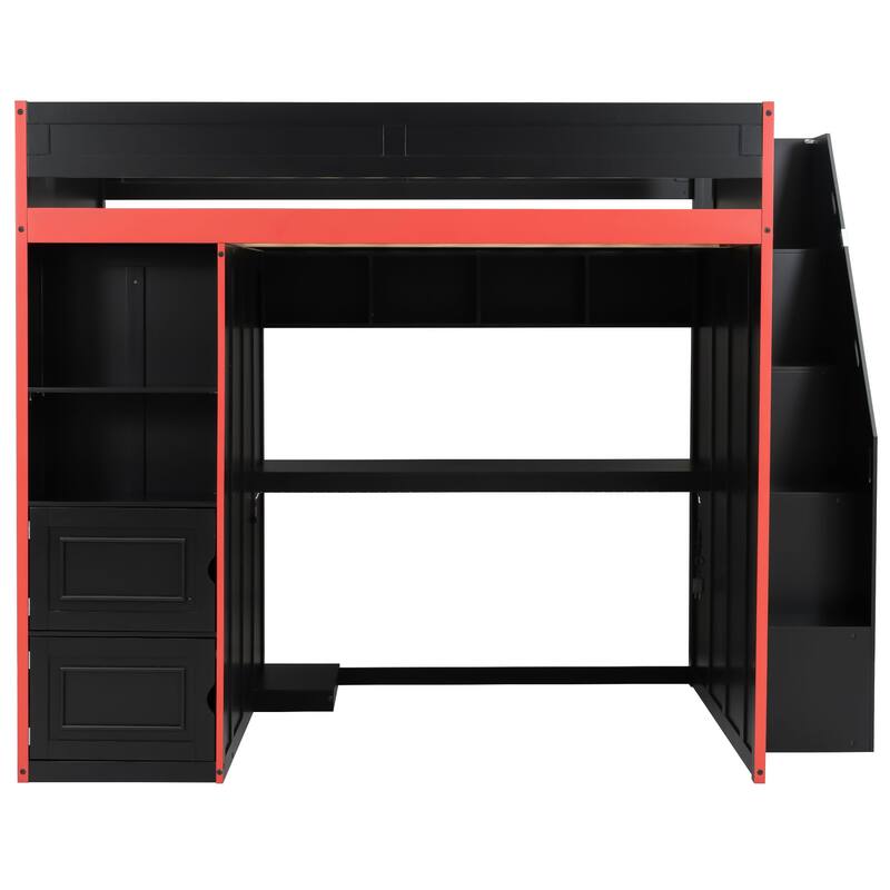 Black Gaming Loft Bed with Wardrobe, Desk, LED Lights, Cabinets and Storage Stairs