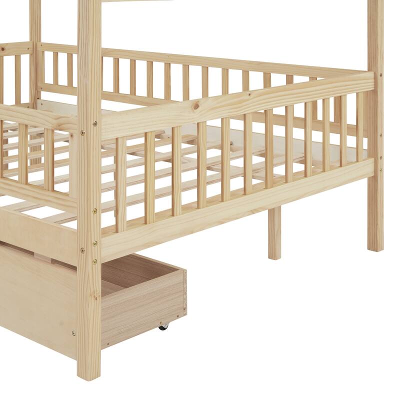 Full Size Wooden House Bed with Two Drawers and Solid Pine Frame