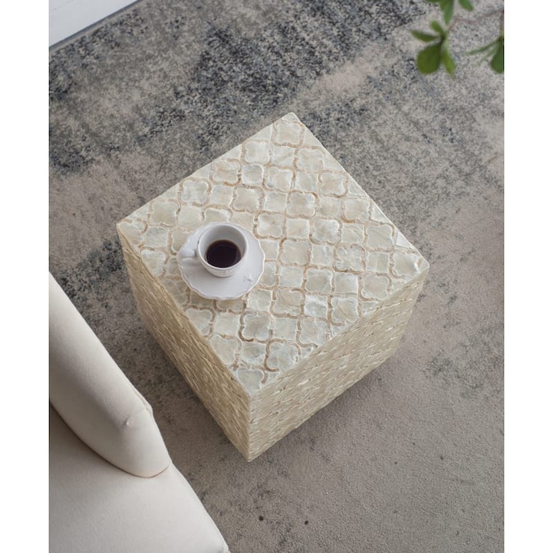 Geometric Ogee Square Capiz Stool - 17.75" - Cream and Gold