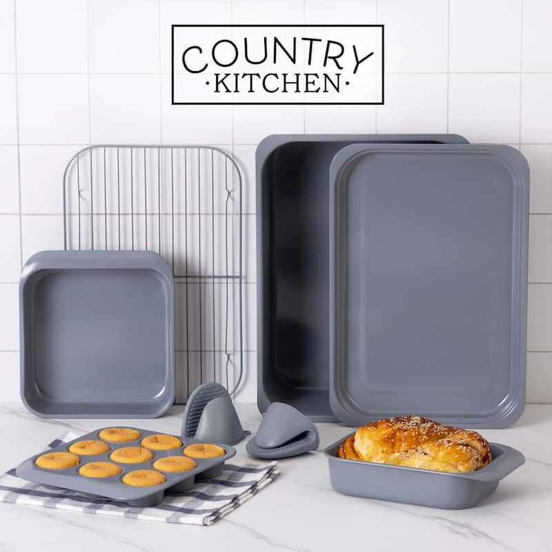 Country Kitchen 8-Piece Bakeware Set, Nonstick Baking Pans & Nesting Baking Sheets, Durable Steel, Grey