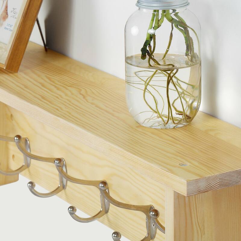 Rustic Wall Mounted Coat Rack with Storage Shelf & Metal Hooks