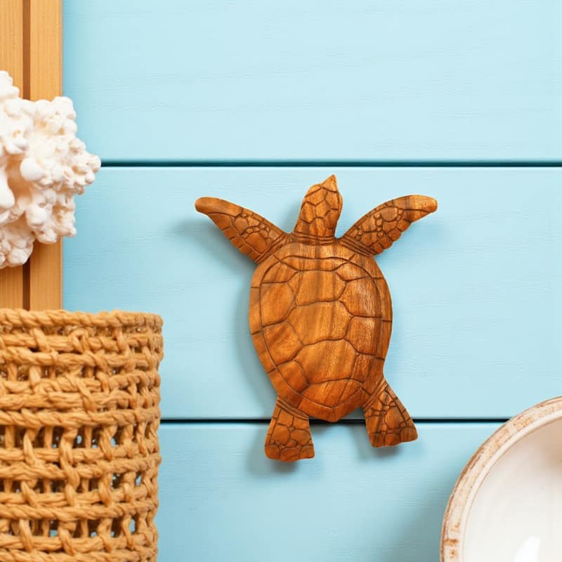 12" Wooden Tortoise Turtle Wall Hanging Home Decor Sculpture Statue Hand Carved Figurine Handmade Seaside Tropical Nautical
