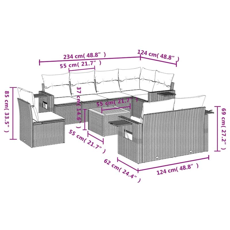 vidaXL 9 Piece Patio Sofa Set with Cushions Black Poly Rattan - 24.4" x 24.4" x 27.2"