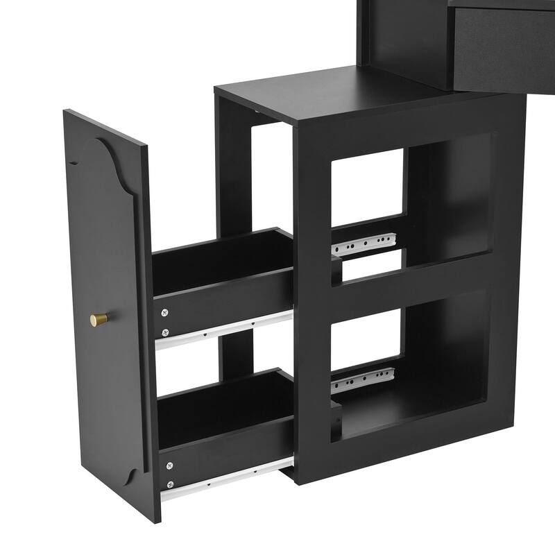 Triangle Makeup Desk with Removable Pull-Out Side Cabinet, Glass Tabletop Makeup Vanity with Drawer and Shelf