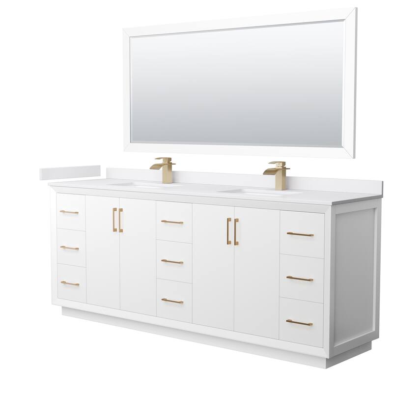 Strada 84-Inch Double Vanity Set, Cultured Marble Top, 70-Inch Mirror - White, Bronze Trim, White Cultured Marble Top