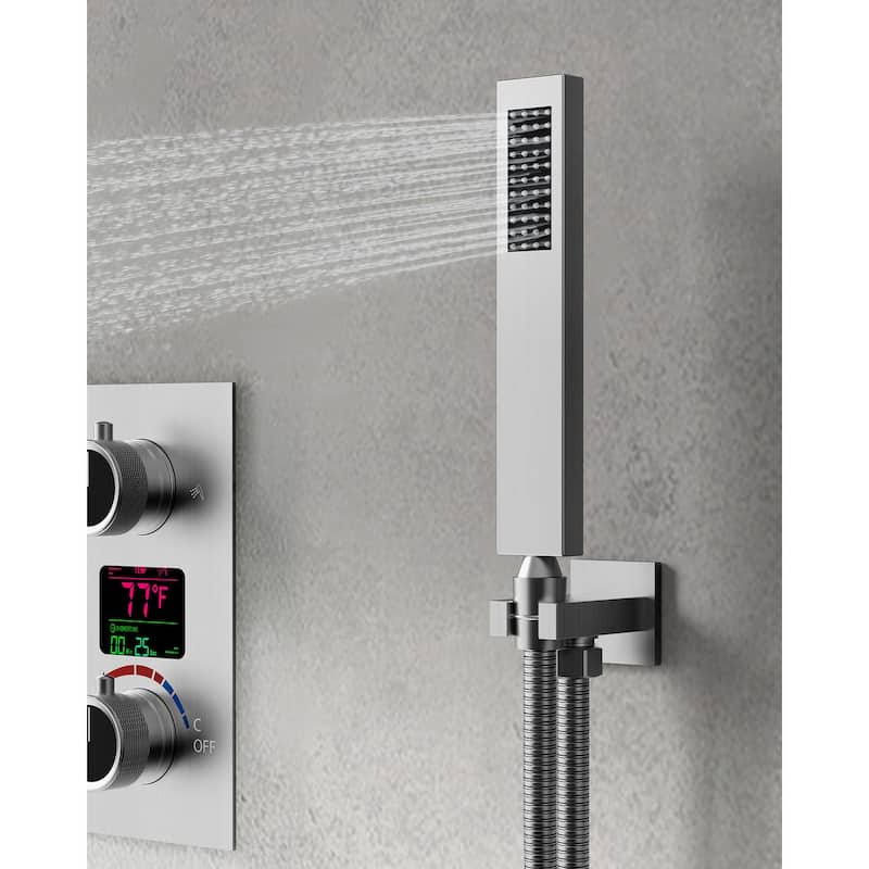 GRANDJOY Digital Display Shower System, 12" High Pressure Dual Shower Heads with Handheld Spray