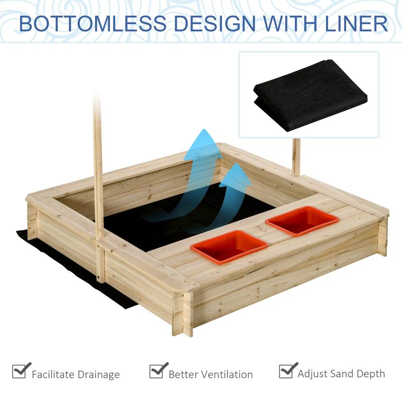 Outsunny Kids Sandbox with Cover and Adjustable Canopy, Square Wooden Sandbox Backyard Toy for Ages 3-8, Natural