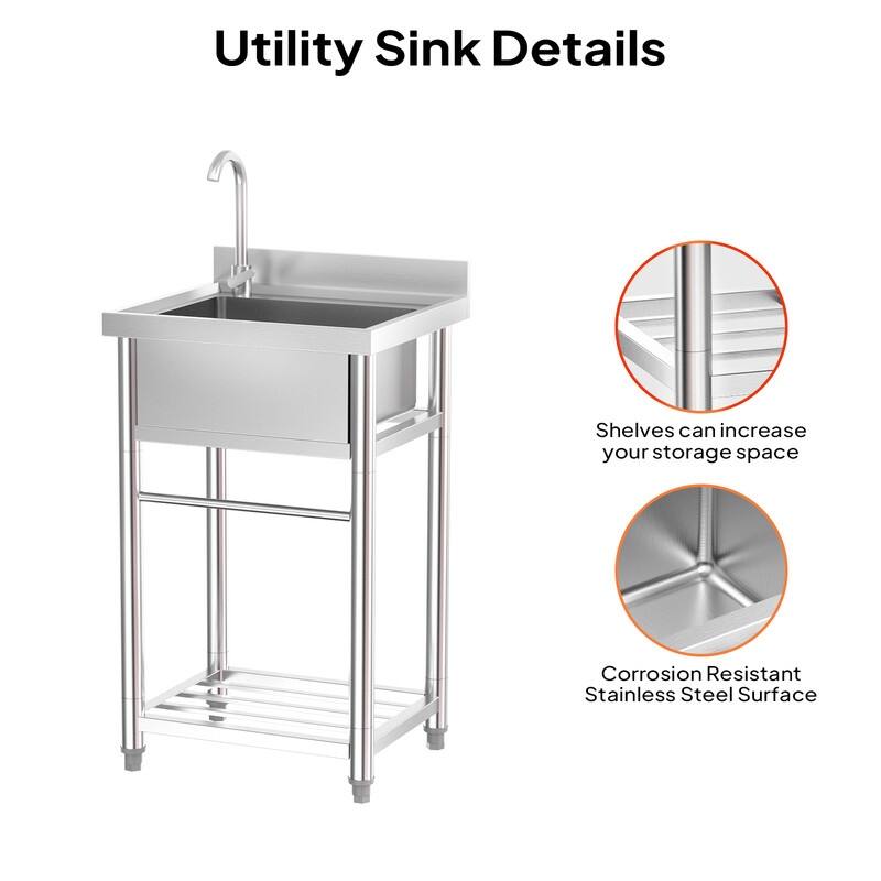 21.6 In.Freestanding Stainless Steel Single Basin Utility Sink With Storage Shelves