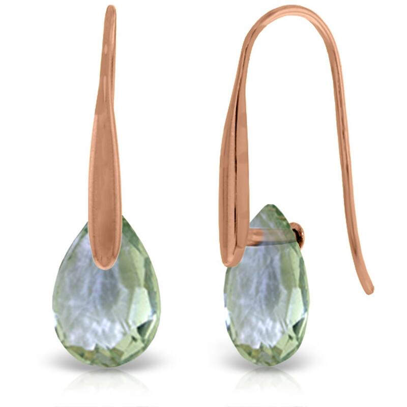 14K Solid Gold Hook Earrings w/ Dangling Briolette Green Amethysts - Rose