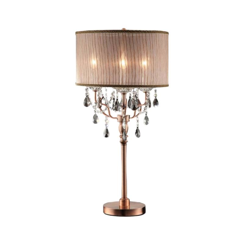 Copper Metal Bedside Lamp with Brown Cotton Drum Shade Faux Crystal Accents In-Line Switch - 17” x 17” x 32” (D x W x H)