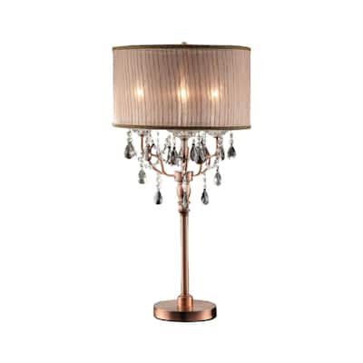 Copper Metal Bedside Lamp with Brown Cotton Drum Shade Faux Crystal Accents In-Line Switch - 17” x 17” x 32” (D x W x H)