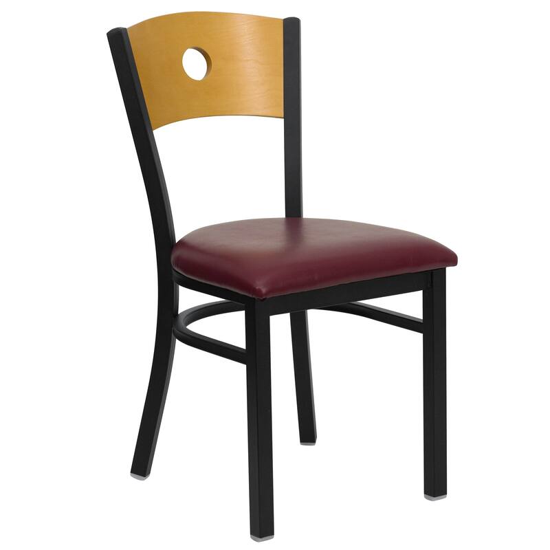 Black Circle Back Metal Restaurant Chair - 16.75"W x 21.5"D x 32.75"H - natural wood back/burgundy vinyl seat