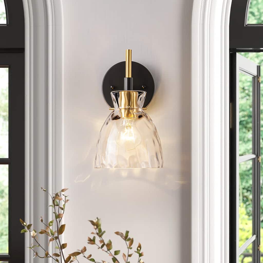 1-Light/3-Light Matte Black and Antique Brass Bathroom Vanity Light with Water-Rippled Glass Shade