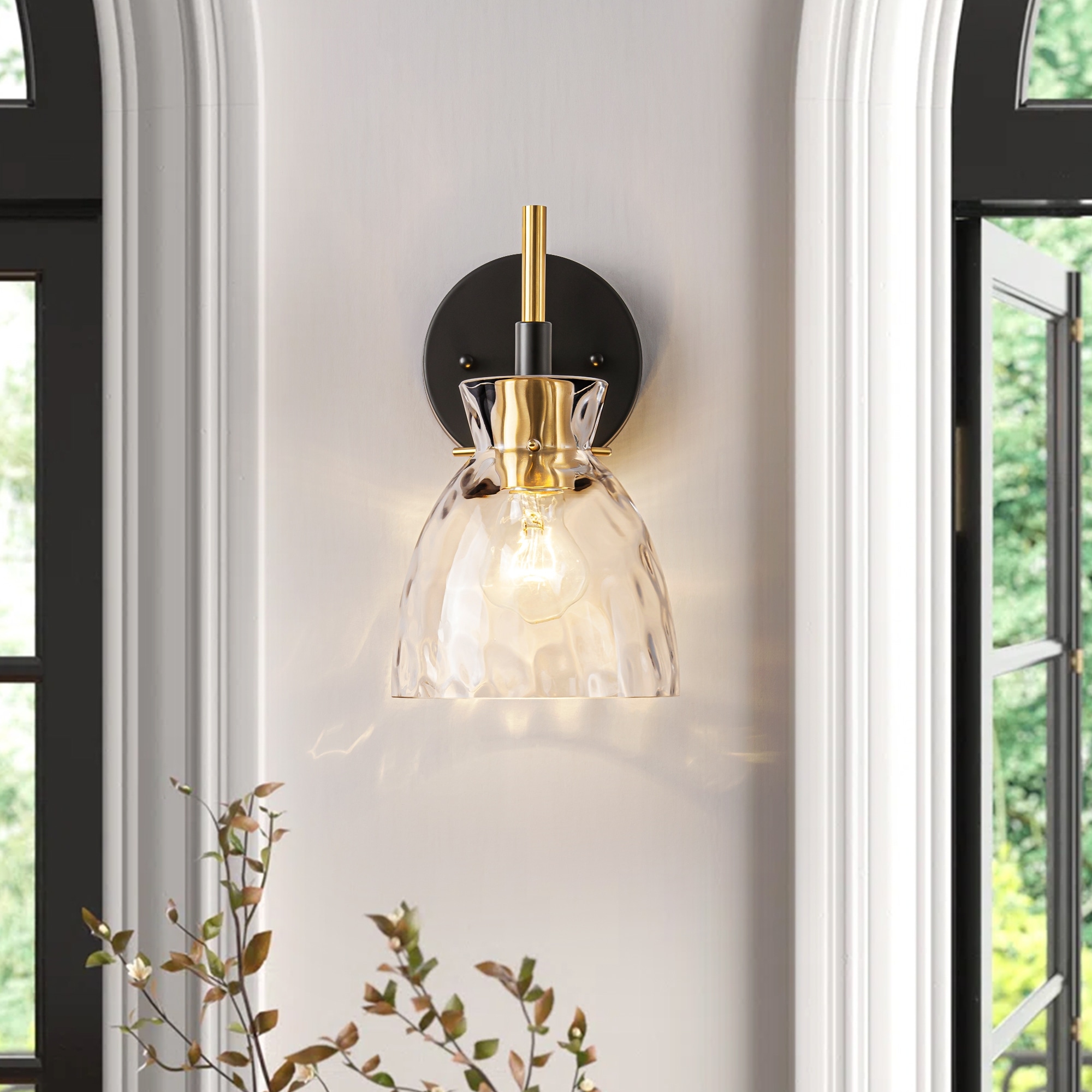 5.9"/24" W Modern Black and Gold Dimmable Dome Bathroom Vanity Light with Clear Water-Rippled Glass Shade(1-Light/3-Light)