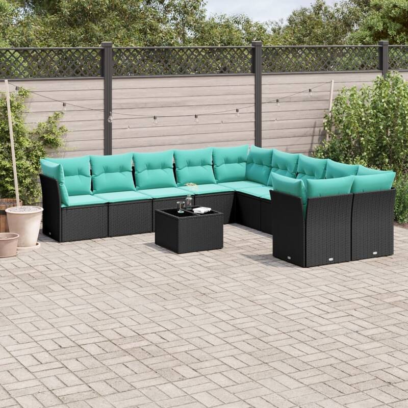 vidaXL 11 Piece Patio Sofa Set with Cushions Black Poly Rattan - 135.6x27.2x92.2