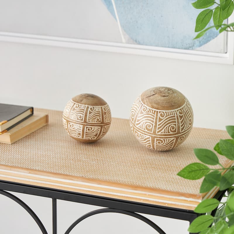 Cream Mango Wood Handmade Decorative Ball Orbs & Vase Filler with Carved Lines or Tribal Patterns (Set of 2) - Cream - Lines Pattern
