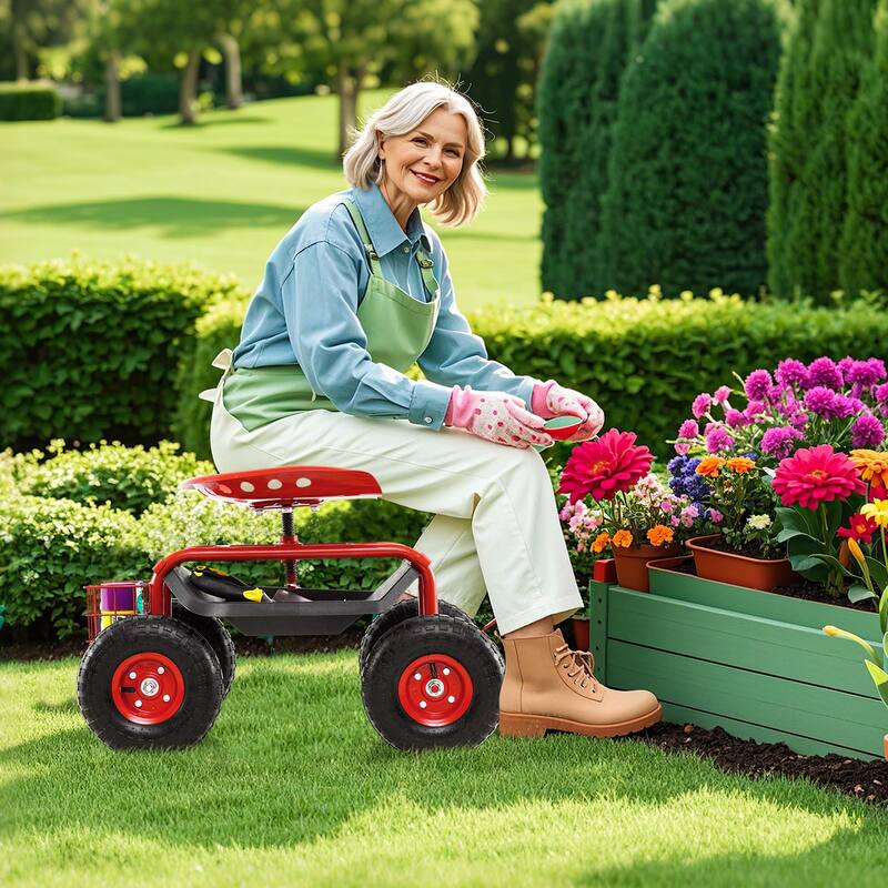 Gymax Cart Wagon Rolling Work Seat w/ Tool Tray Basket Planting Patio