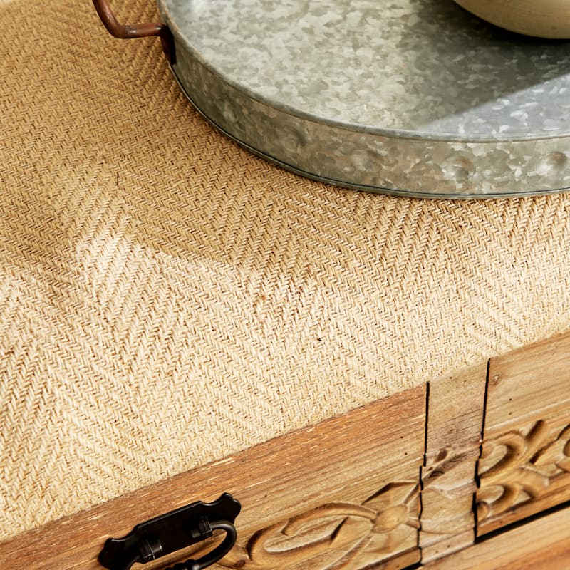 Wood Floral Intricately Carved Storage Bench with Cream Burlap Top - Brown - Roche River Decor - 16"W x 47"L x 20"H