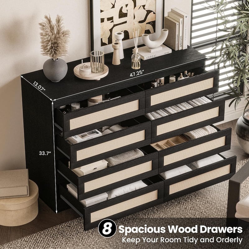 Rattan Dresser for Bedroom, Closet, Wooden Dresser with 8 Drawers, Modern Chest of Drawers with Large Storage