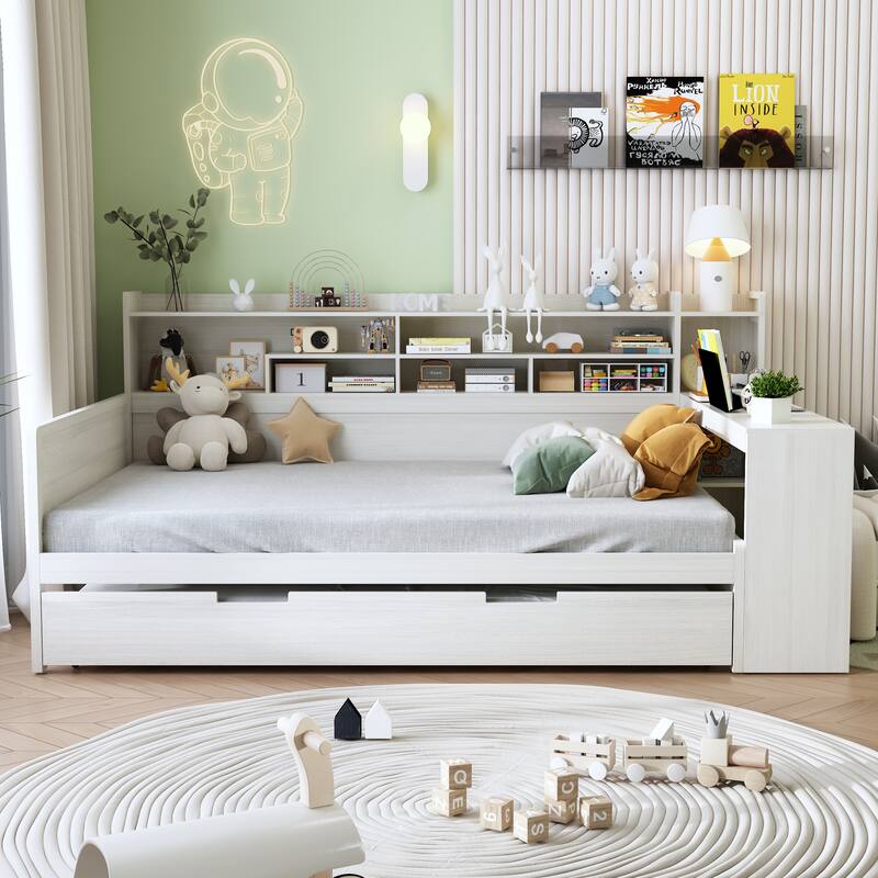 Space-Saving Twin/Full Size Daybed with Trundle and Study Desk, Wooden Platform Bed with Storage Shelves