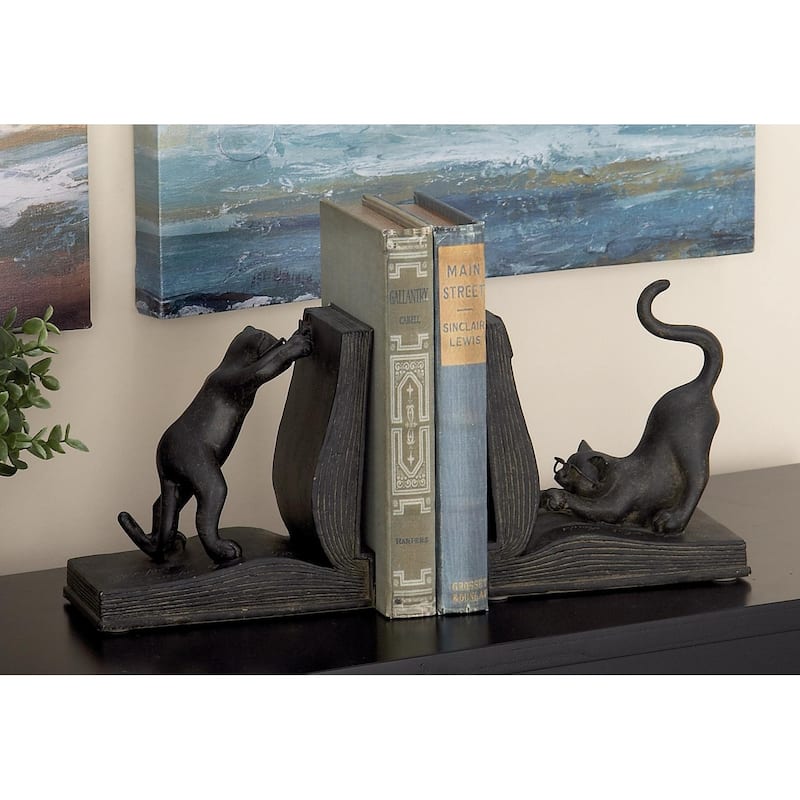Polystone Cat Reading Decorative Bookends - Set of 2 Black - Roche River Decor