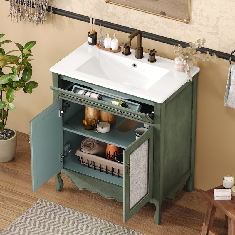 Bathroom Vanity with Ceramic Sink, Bathroom Cabinet with One Flip Drawer and Two Doors, Restroom Vanity with Adjustable Shelf