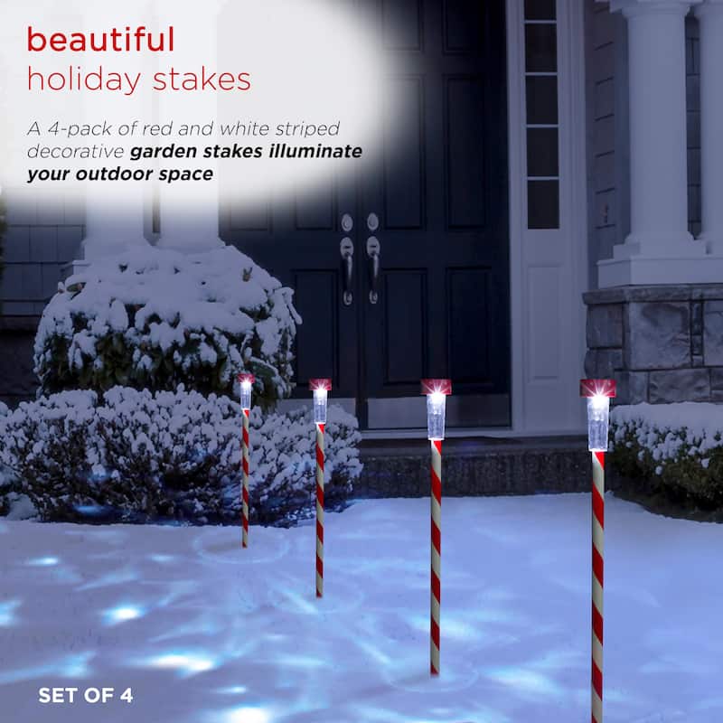 Alpine Corporation Holiday Striped Pathway Garden Stake with Solar LED Lights, 4-Pack