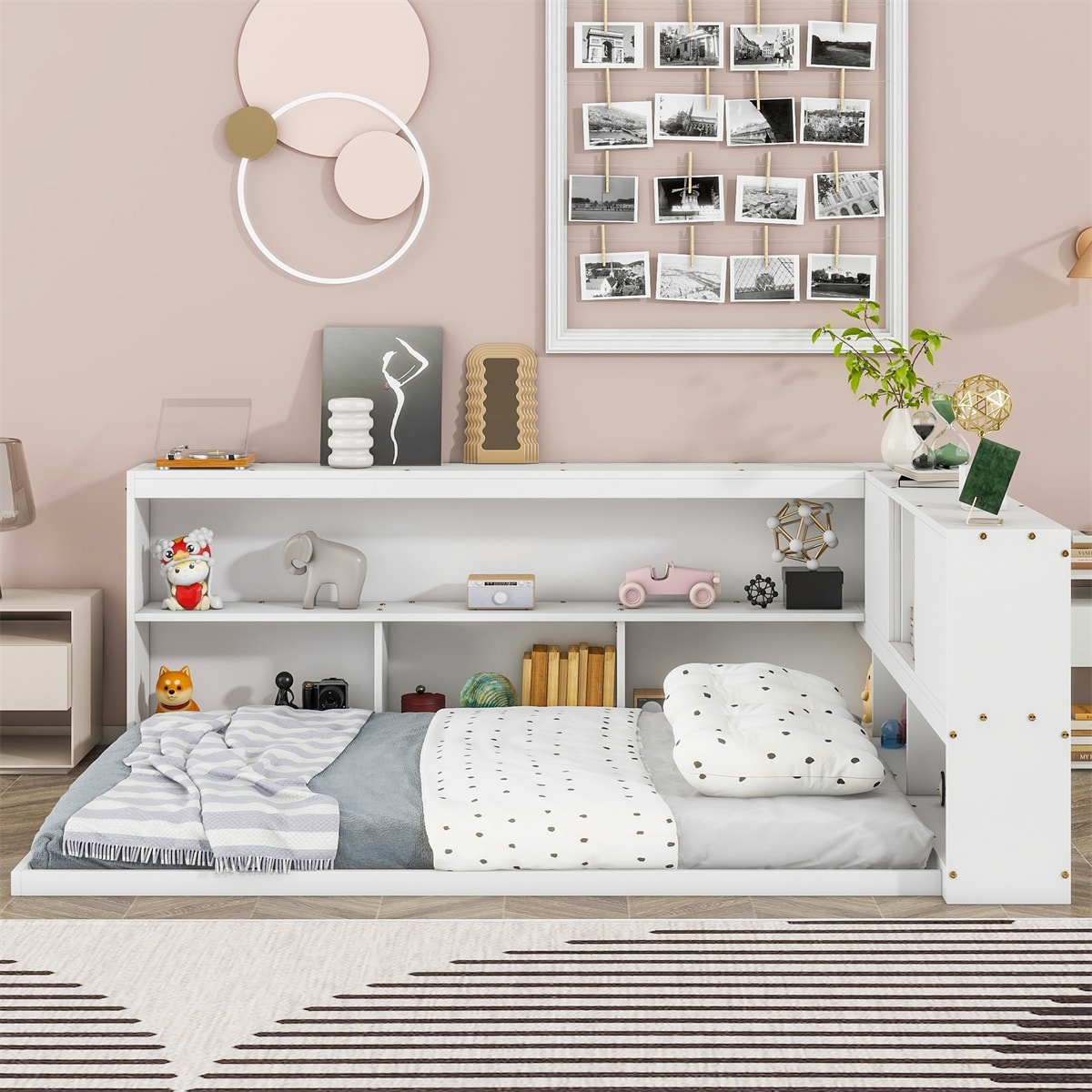 Full Floor Bed With L-Shaped Bookcases,Sliding Doors,Without Slats