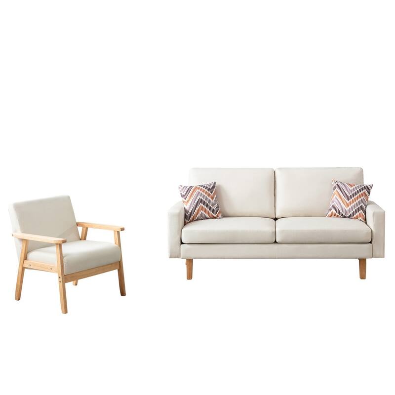 Linen Sofa and Chair Set with 2 Throw Pillows