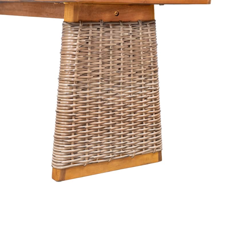 Outdoor Acacia Wood Bench(Set of 2), Teak Finish+ Brown Wicker