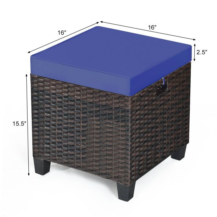 2PCS Patio Rattan Ottoman Cushioned Seat-Navy - 16" x 16" x 18" (with cushion)