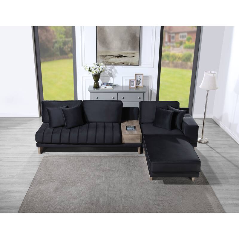 122.5"W Black Velvet Reversible Sofa Ottoman with Storage, USB & Charging, 4 Pillows
