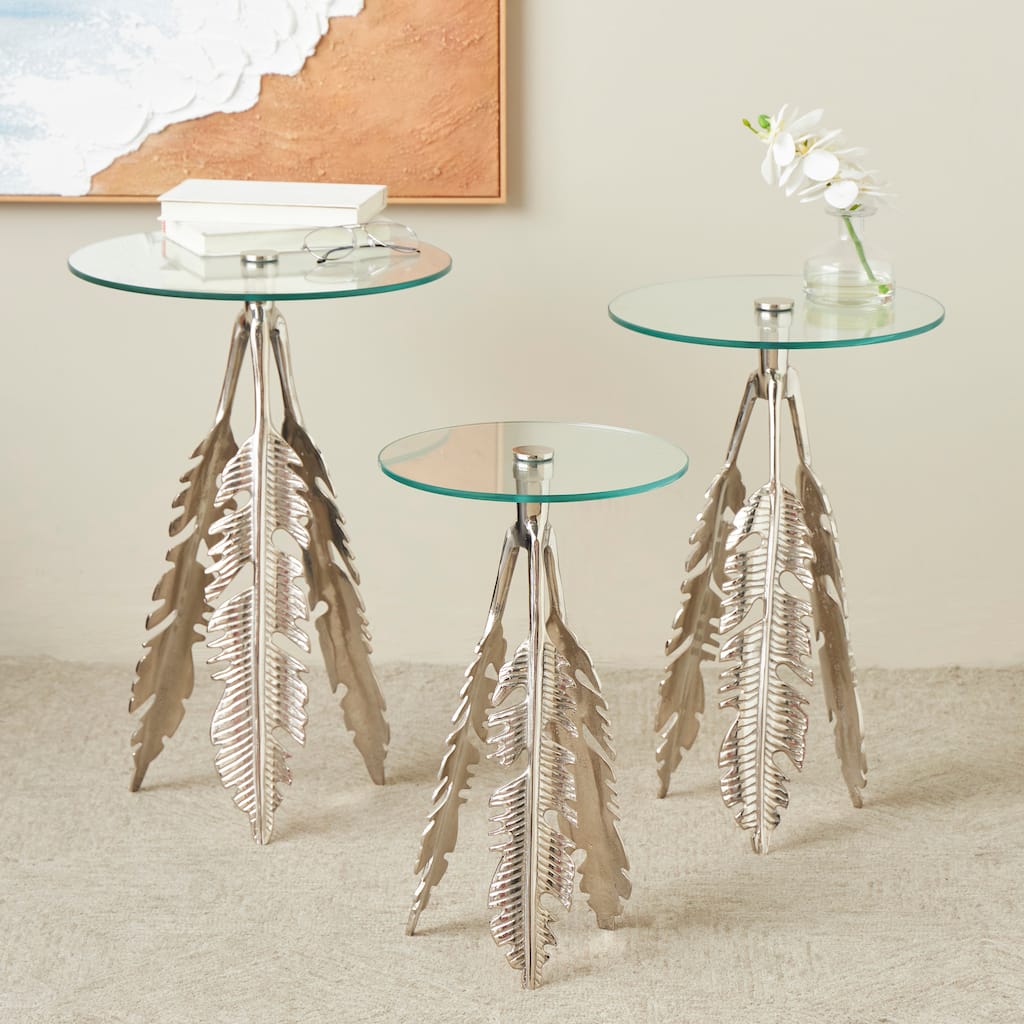 Silver or Gold Aluminum Metal Leaf Side End Accent Table with Tripod Legs and Tempered Glass Top (Set of 3)