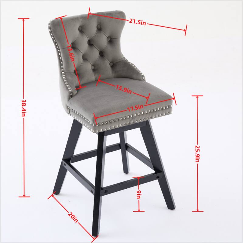 Swivel Bar Stools Set of 2, Velvet Counter Height Barstools with Wooden Legs, Kitchen Island Chairs with Button Backrest