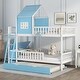 preview thumbnail 1 of 25, Full over Full Bunk Bed with Twin Size Trundle,Farmhouse Bed with Drawer and Storage Box,Housebed Blue