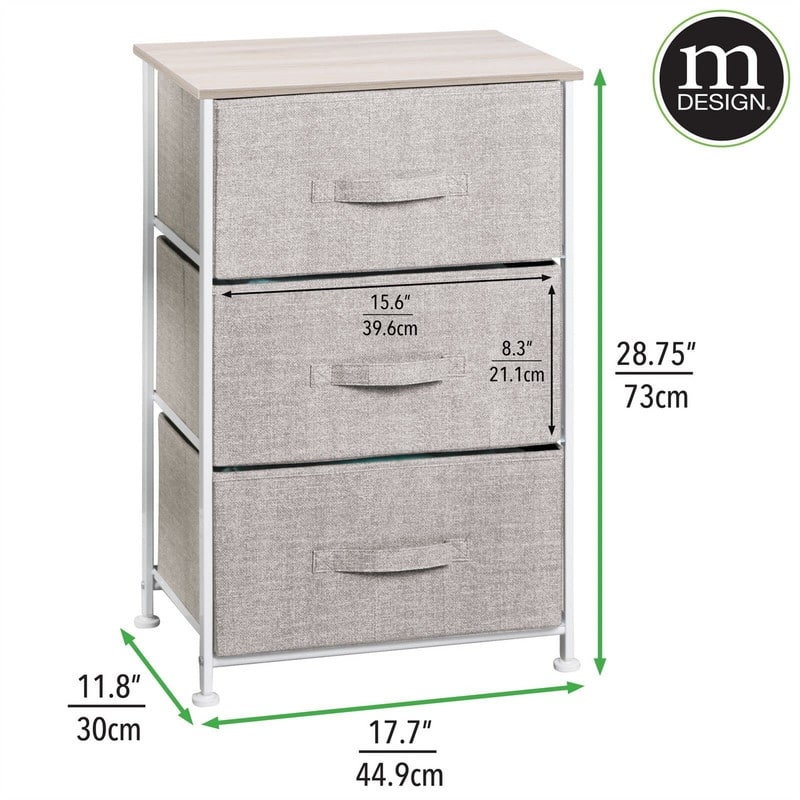 Steel Top and Frame Storage Dresser Tower Unit with 3 Removable Fabric Drawers