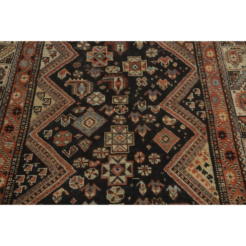 Hand Knotted Oriental 100% Wool Carpet Traditional Tribal Black Shiraz Area Rug - 8' 3'' X 4' 4''