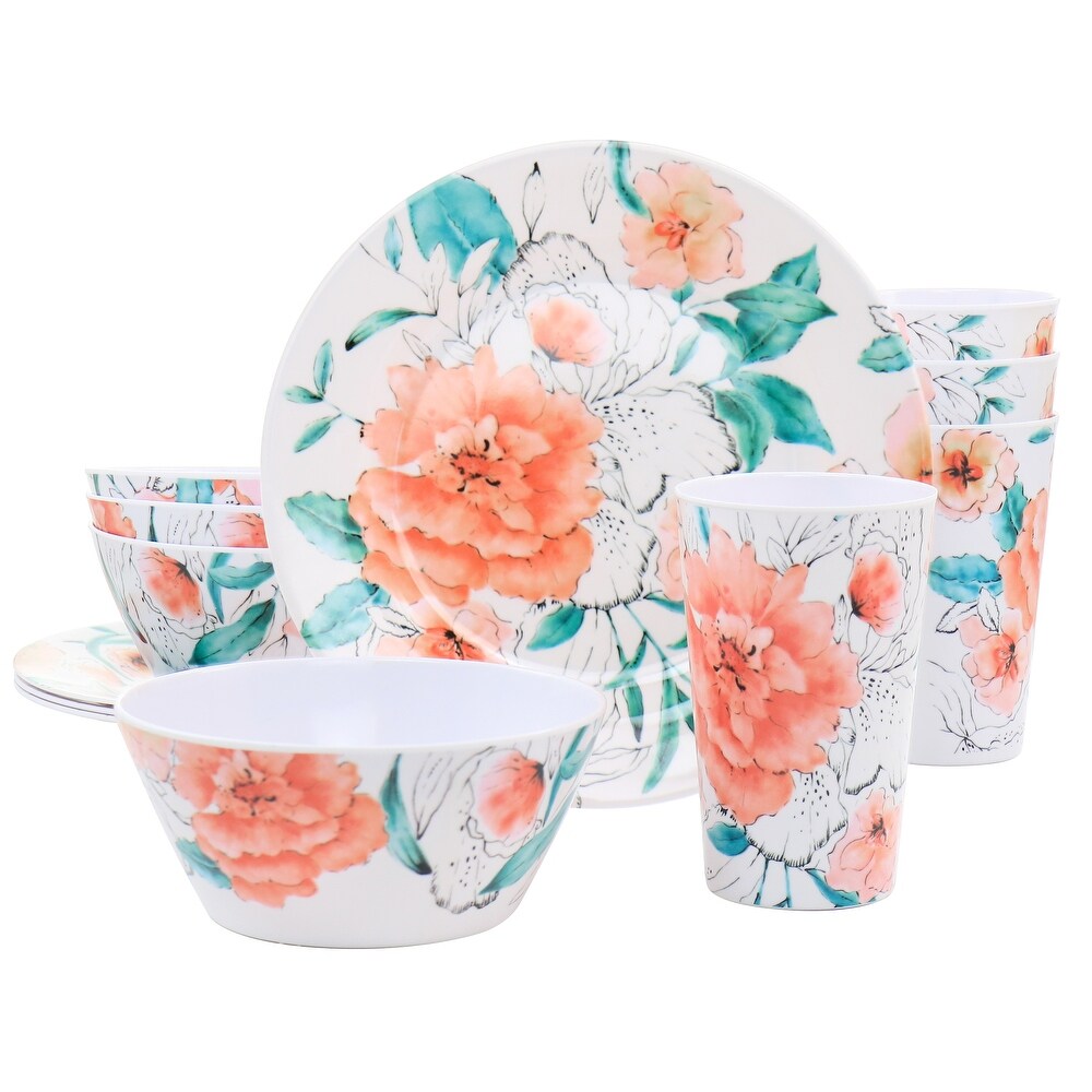 Country Grace Farmhouse Botanical Black and White Melamine Dinnerware  Collection