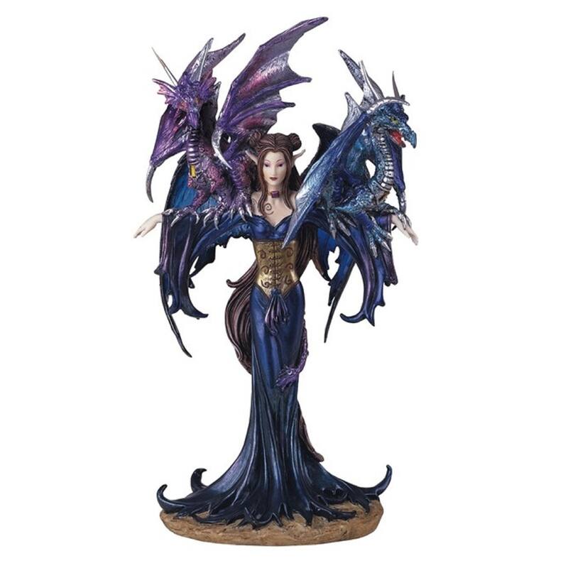 Q-Max 10.25"H Blue Fairy with Two Dragons Statue Fantasy Decoration Figurine