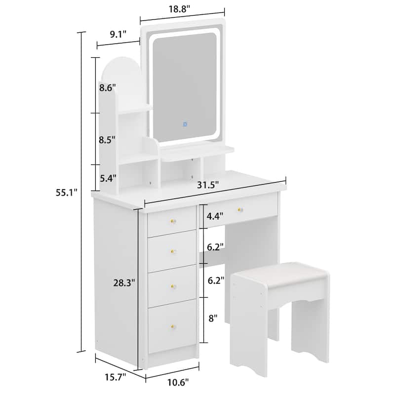 31.5" Wide Dresser Makeup Vanity With Stool and Touching Light Mirror - 31.5"W
