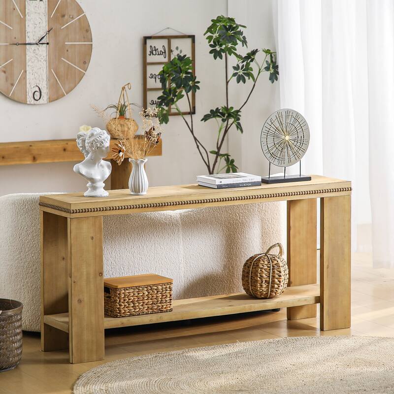 63" Entryway Console Table, 2-Tier Farmhouse Narrow Sofa Table Behind Couch, Boho Accent Entrance Console with Beaded Trim