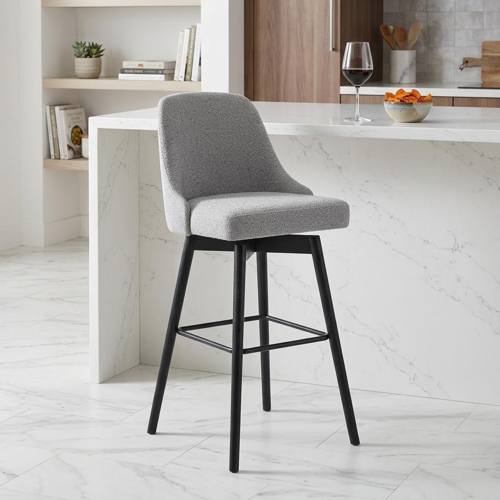 HomeRoots 26" Light Gray And Black Fabric And Solid Wood Counter Height Swivel Bar Chair