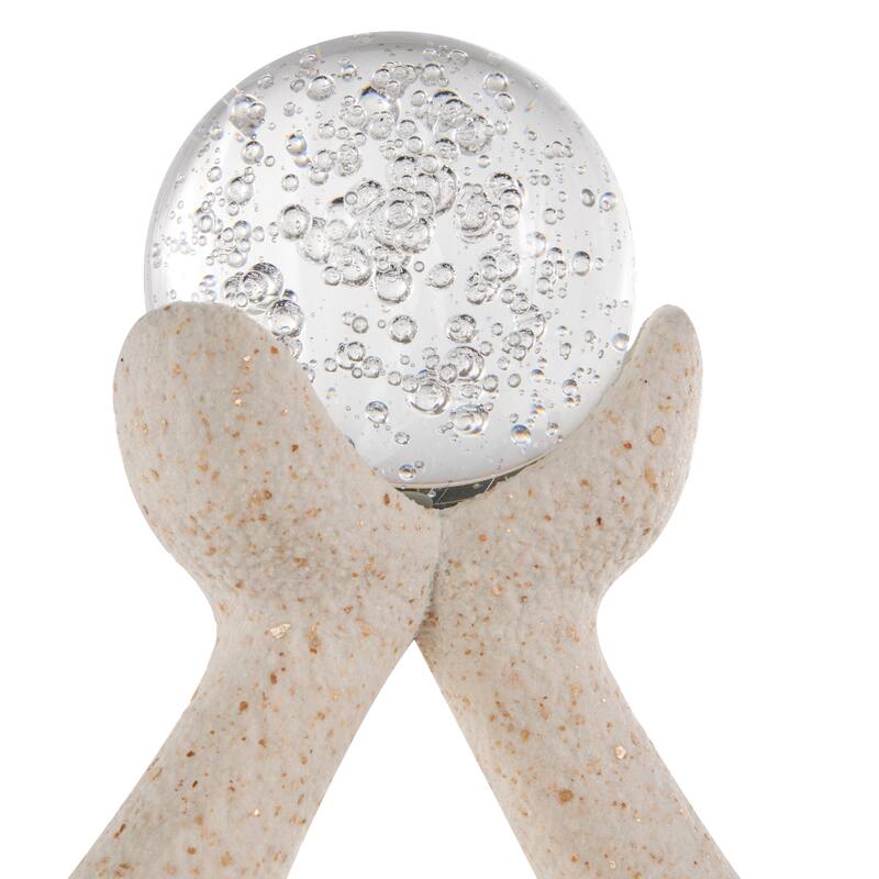 Cream Polystone Abstract Textured People Decorative Sculpture with Clear Glass Ball and Gold Speckles