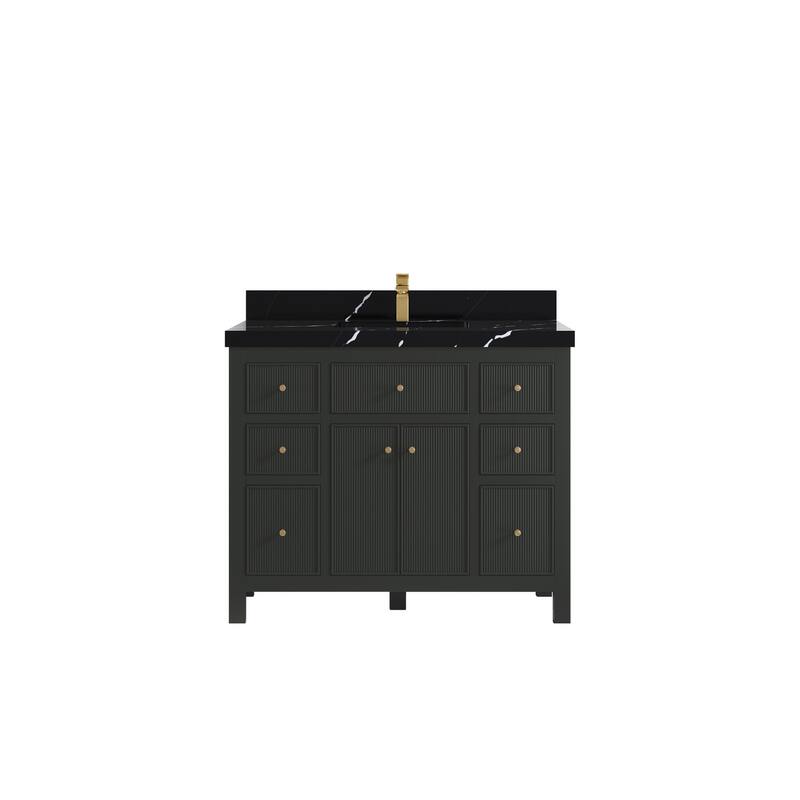 Willow Collections 42 in W x 22 in D Sonoma Free Standing Reeded Single Sink Bathroom Vanity with Countertop - 2" Calacatta Black - Black Top