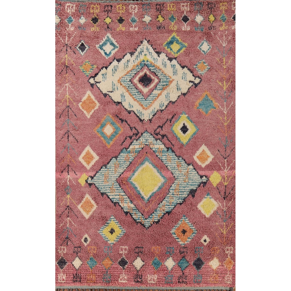Pink Moroccan Oriental Area Rug Hand-Knotted Wool Carpet - 7'10" x 11'1"