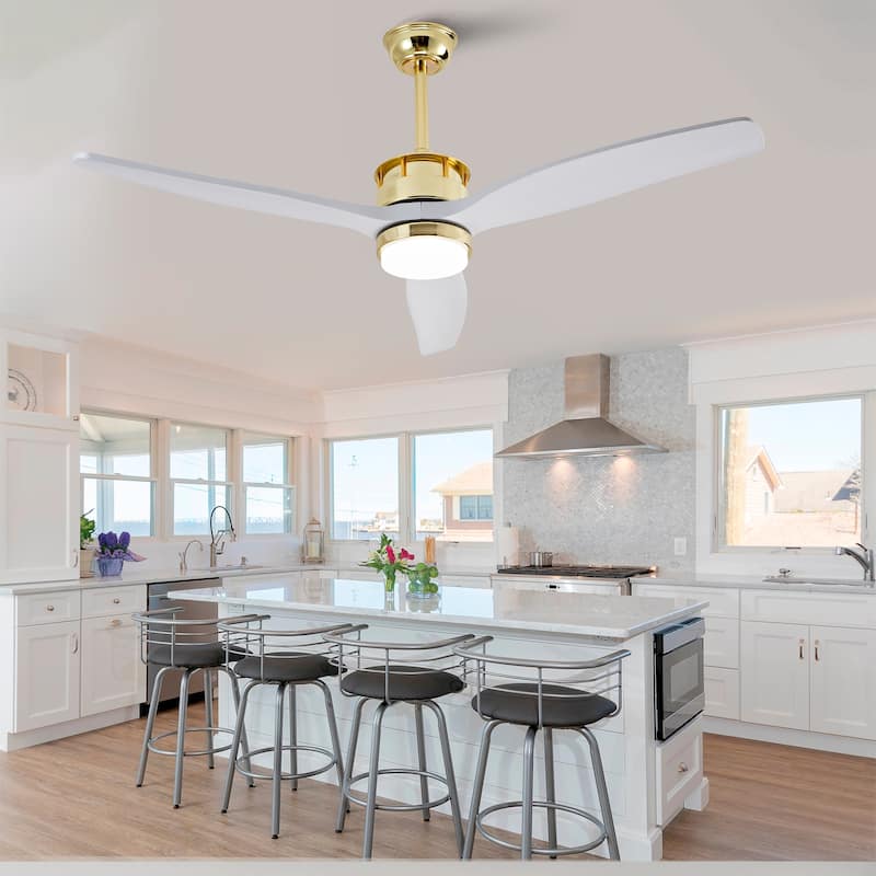 52 Inch White and Gold Ceiling Fans with Lights and Remote, 3 Solid Wood Blades, 6 Speeds, Quiet DC Motor - Gold+White