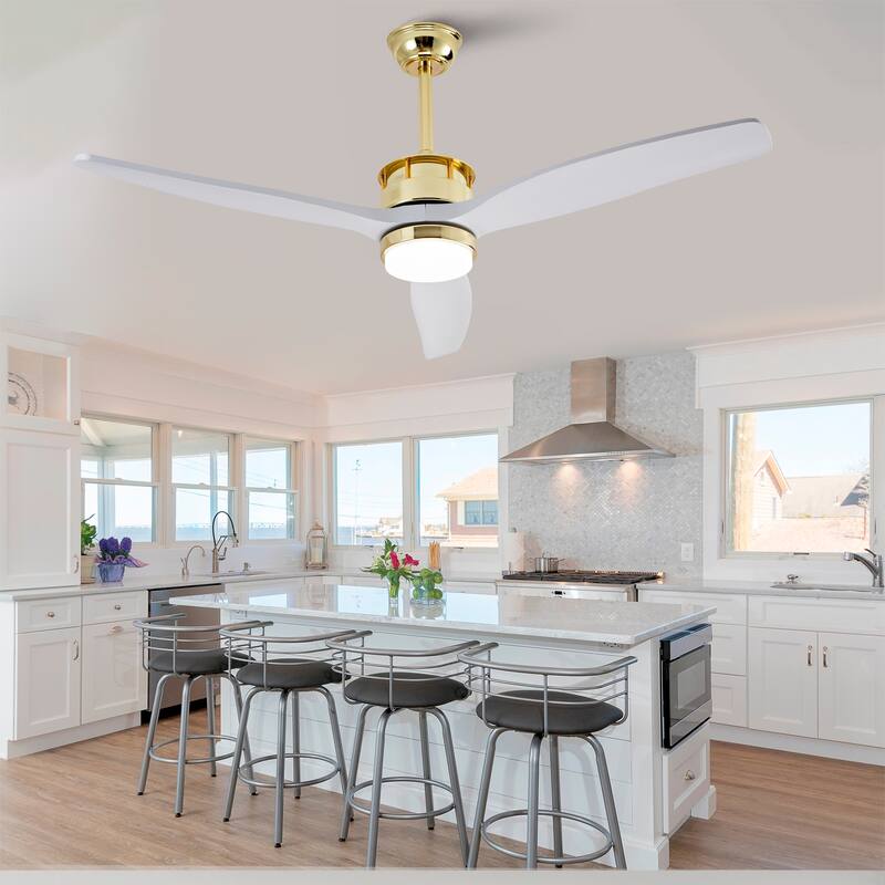 Sofucor 52" Solid Wood/ABS Noiseless Ceiling Fan with Dimmable Light Optional and Remote, 6-Speed Reversible, Smart Optional - Non-Smart-With lights - Gold with White Solid wood Blades