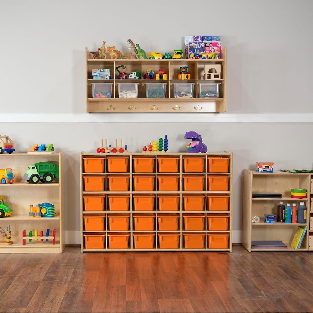 Contender 30 Cubby Storage Cabinet With Orange Pastel Trays, Kids Cubby Storage shelving Unit for Kindergarten